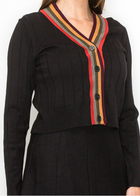 Black Ribbed Cardigan with Striped V-Neck