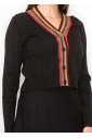 Black Ribbed Cardigan with Striped V-Neck