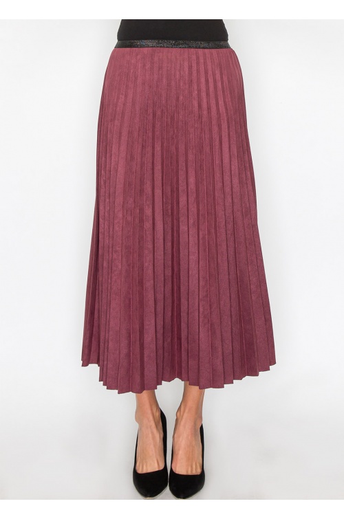 Elegant Burgundy Suede Pleat Midi Skirt