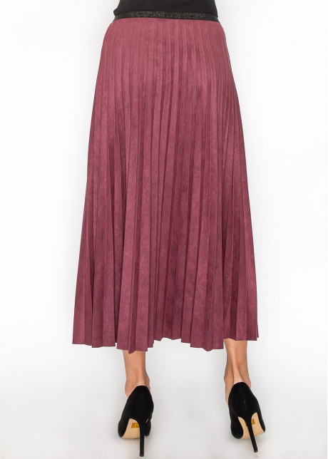 Elegant Burgundy Suede Pleat Midi Skirt