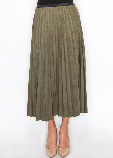 Olive Pleated Suede Midi Skirt