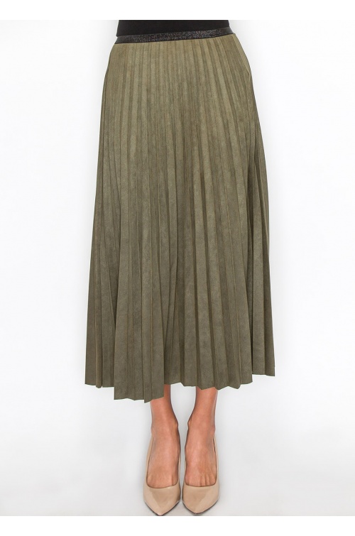 Olive Pleated Suede Midi Skirt