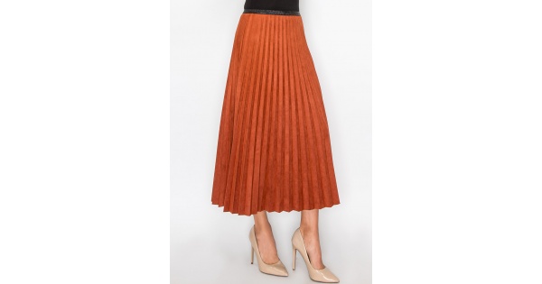 【AAKE】RUSTLE PLEATS SK WIDE PT Rust Suede Midi Skirt with Pleats | Modest Women Clothing