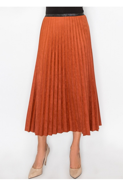 Rust Suede Midi Skirt with Pleats