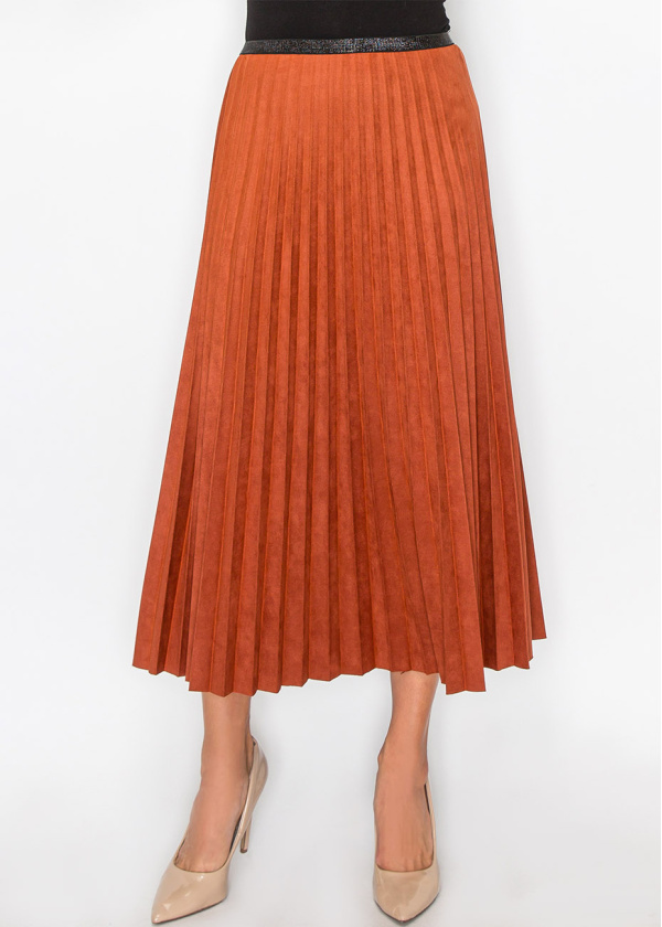 Rust Suede Midi Skirt with Pleats