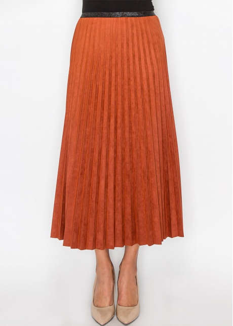 Rust Suede Midi Skirt with Pleats