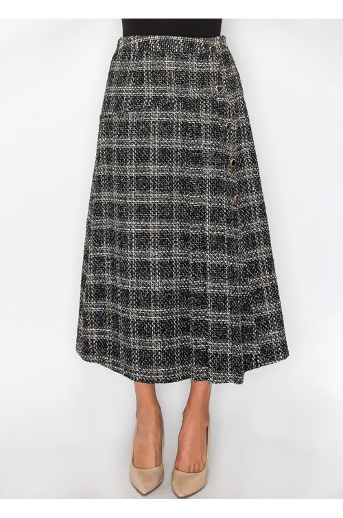 Black Tweed Plaid Midi Skirt