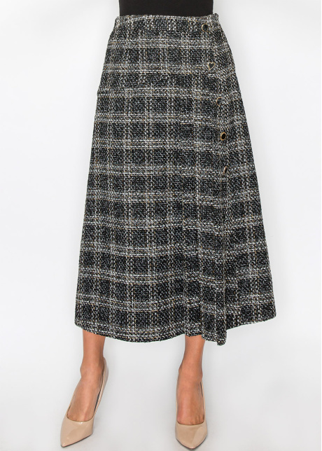 Black Tweed Plaid Midi Skirt