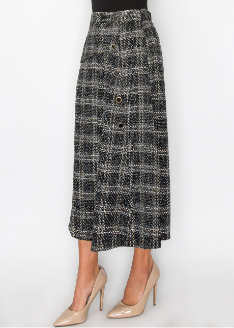 Black Tweed Plaid Midi Skirt