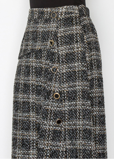 Black Tweed Plaid Midi Skirt