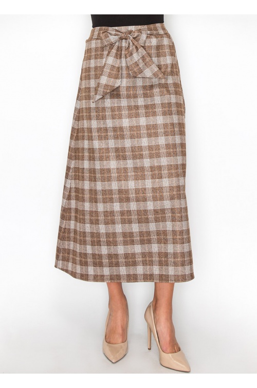 Classic Brown Plaid Skirt with Tie Waist