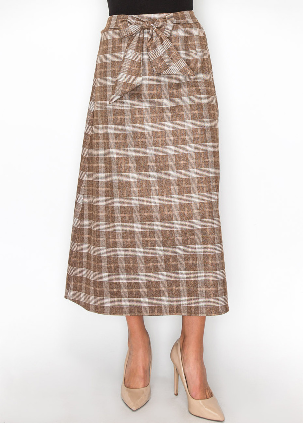 Classic Brown Plaid Skirt with Tie Waist