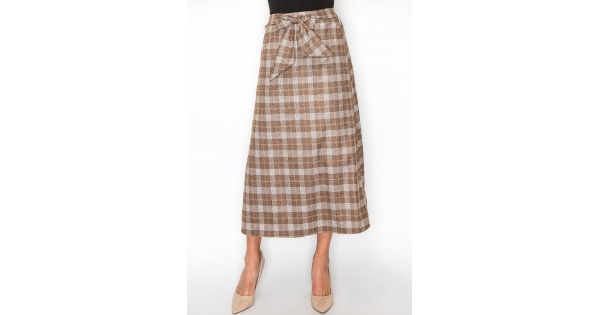Classic Brown Plaid Skirt with Tie Waist | Modest Women