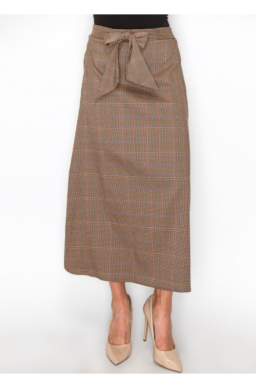 Plaid Tie-Front Midi Skirt