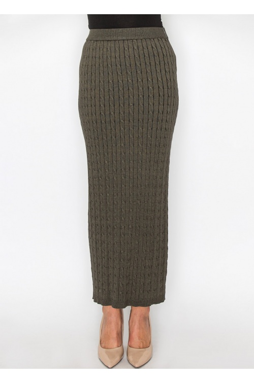 Olive Cable-Knit Long Skirt