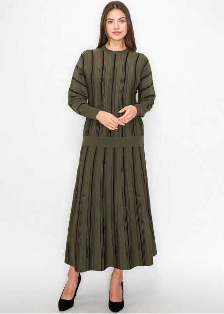 Olive Knit Sweater with Vertical Stripes