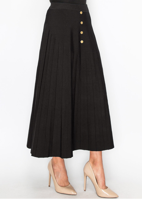 Black Pleated Skirt with Button Accents