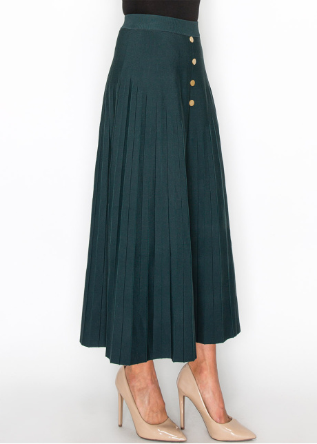 Green Pleated Midi Skirt with Button Accents