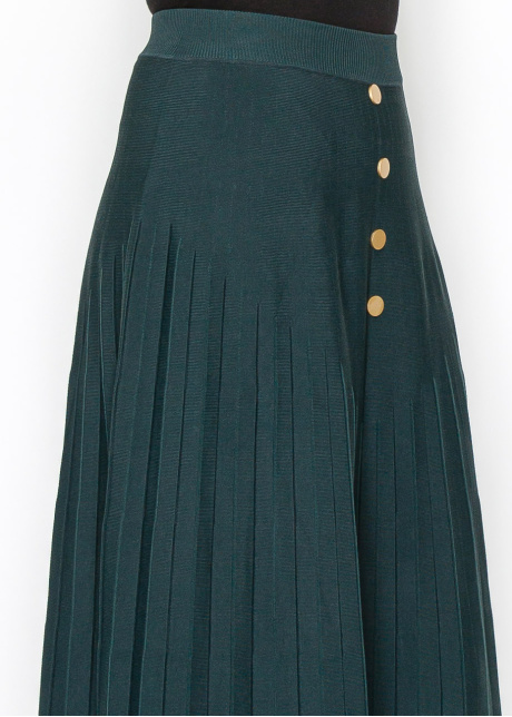 Green Pleated Midi Skirt with Button Accents