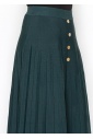 Green Pleated Midi Skirt with Button Accents