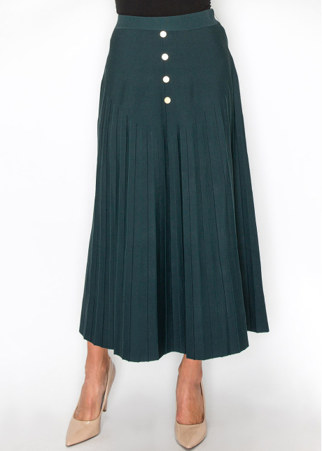 Green Pleated Midi Skirt with Button Accents