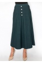 Green Pleated Midi Skirt with Button Accents