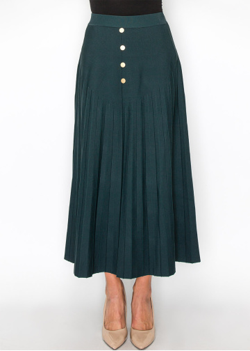 Green Pleated Midi Skirt with Button Accents