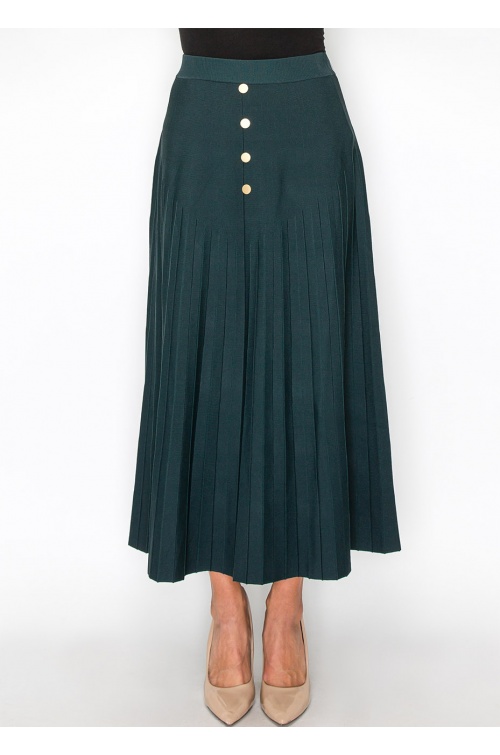 Green Pleated Midi Skirt with Button Accents