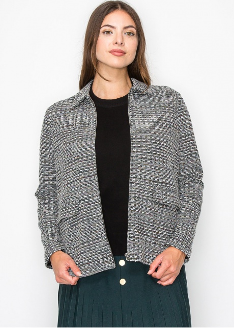 Collared Knit Jacket with Geometric Pattern