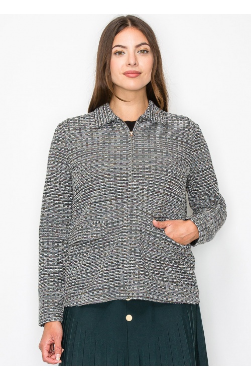 Collared Knit Jacket with Geometric Pattern