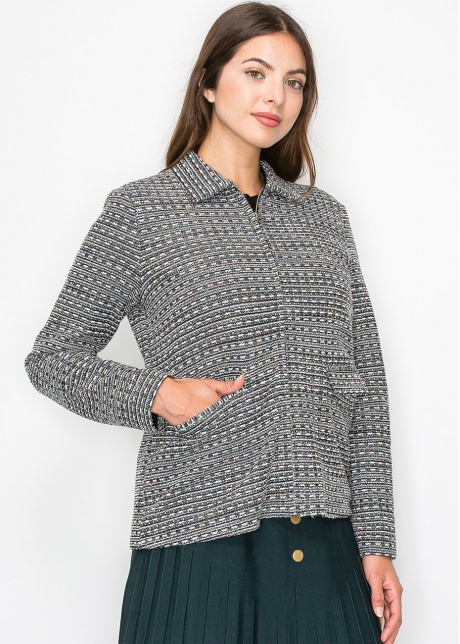 Collared Knit Jacket with Geometric Pattern