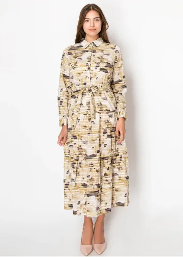 Beige Abstract Print Belted Midi Dress