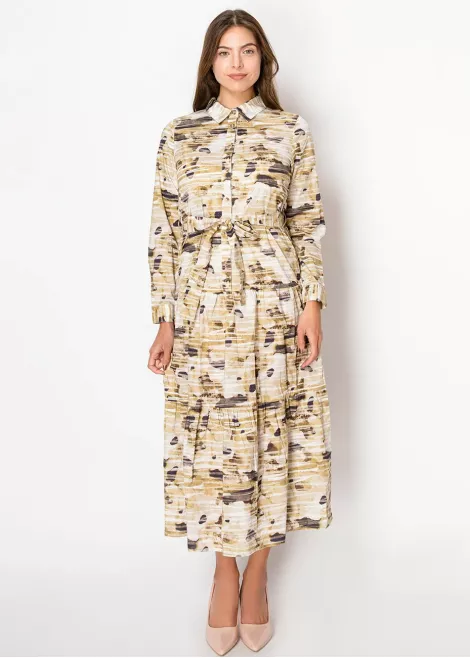 Beige Abstract Print Belted Midi Dress Beige Abstract Print Belted Midi Dress