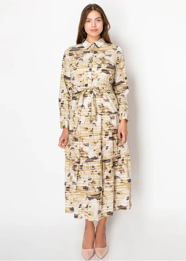 Beige Abstract Print Belted Midi Dress