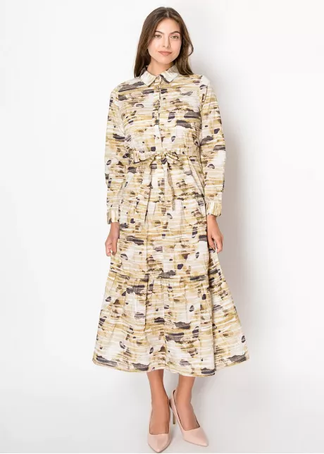 Beige Abstract Print Belted Midi Dress