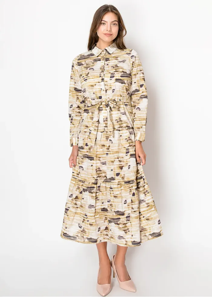 Beige Abstract Print Belted Midi Dress