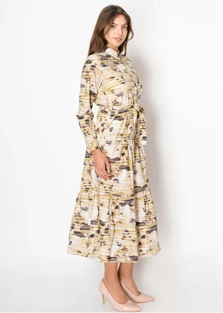 Beige Abstract Print Belted Midi Dress