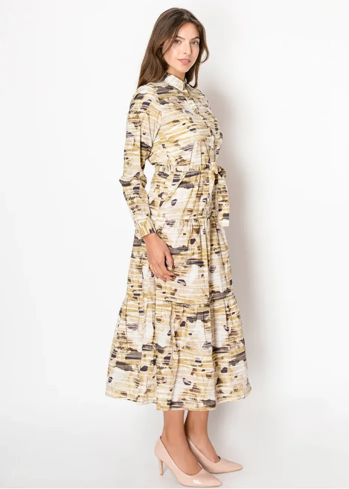 Beige Abstract Print Belted Midi Dress