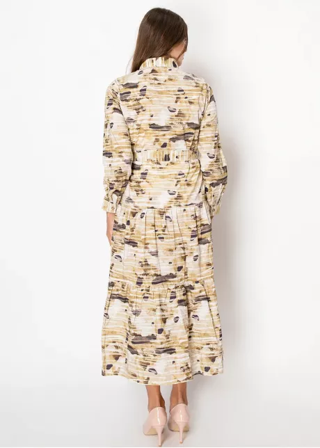 Beige Abstract Print Belted Midi Dress