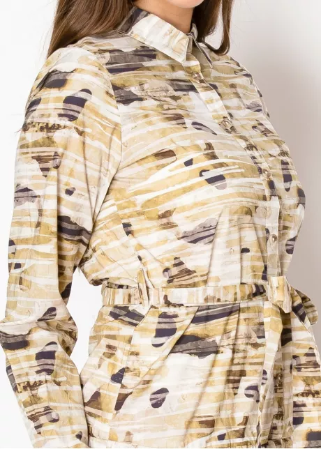 Beige Abstract Print Belted Midi Dress