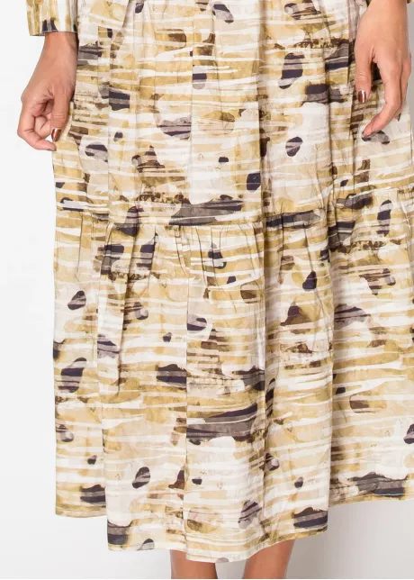 Beige Abstract Print Belted Midi Dress