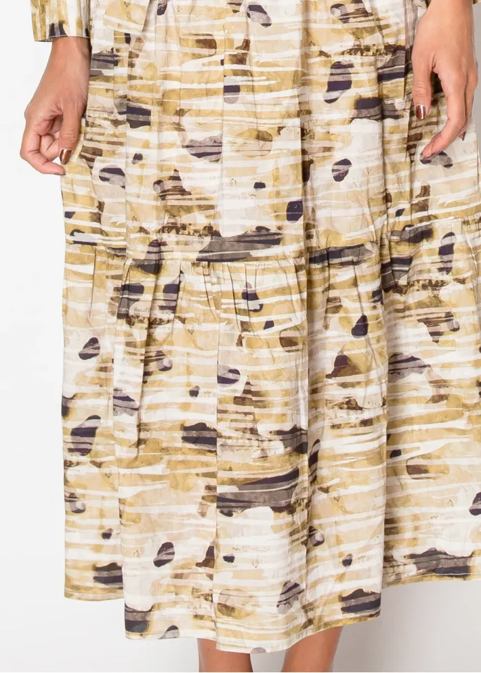 Beige Abstract Print Belted Midi Dress