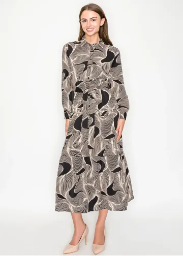 Graphic Wave Pattern Belted Midi Dress