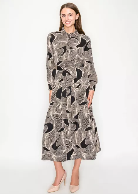 Graphic Wave Pattern Belted Midi Dress Graphic Wave Pattern Belted Midi Dress