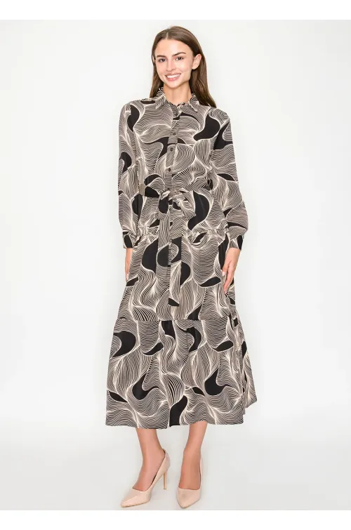 Graphic Wave Pattern Belted Midi Dress
