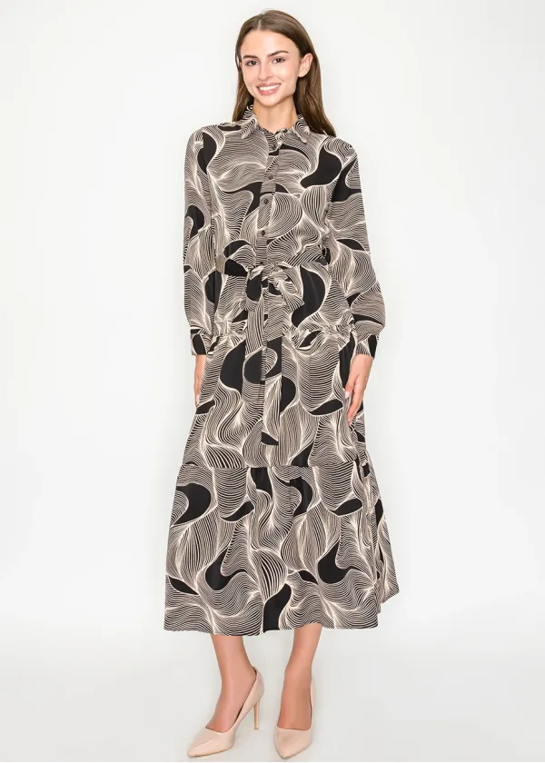 Graphic Wave Pattern Belted Midi Dress