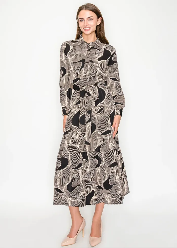Graphic Wave Pattern Belted Midi Dress