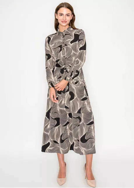 Graphic Wave Pattern Belted Midi Dress