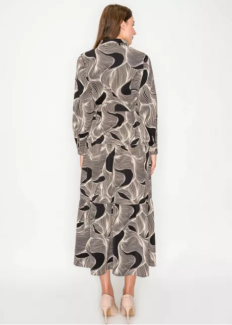 Graphic Wave Pattern Belted Midi Dress