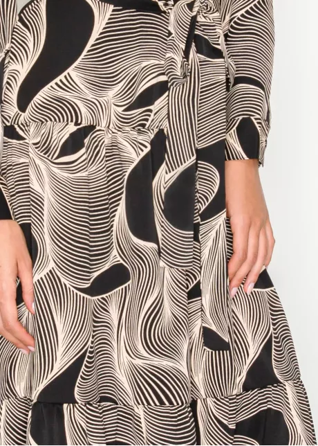 Graphic Wave Pattern Belted Midi Dress